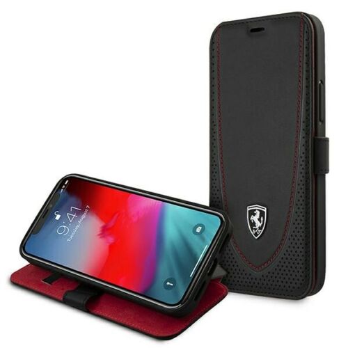 Genuine Ferrari Perforated Black Magnetic Bookcase For iPhone 12 Pro Max