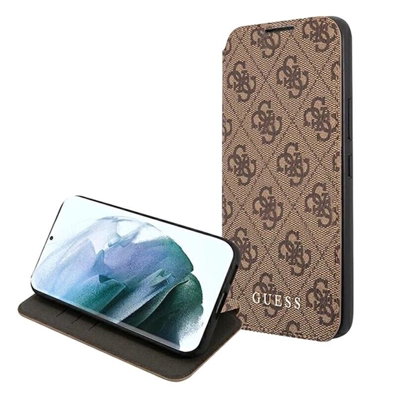 Genuine Guess Metal inscription 4G Brown Book Case For Samsung Galaxy S22