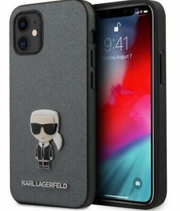 Genuine Karl Lagerfeld Saffiano Iconic Cover for iPhone 12 Mini - Silver