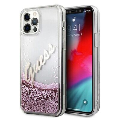 Genuine Guess Pink Glitter Vintage Script Hardcase For Apple iPhone 12 Pro Max