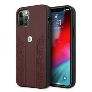 Genuine Leather BMW Debossed Logo Perforate Sides For iPhone 12 and 12 Pro - Red